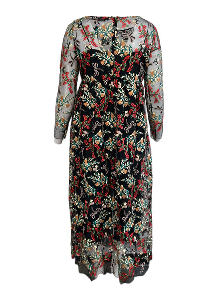 Marina Rinaldi Women's Nero Desideri Embroidered Long Sleeve Dress NWT