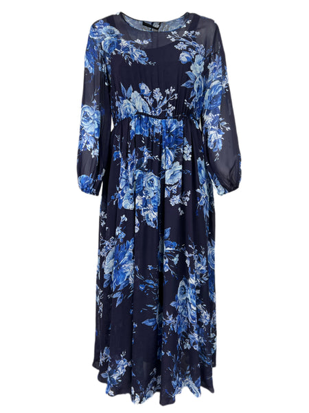 Marina Rinaldi Women's Blue Devoto Floral Printed Viscose Maxi Dress NWT