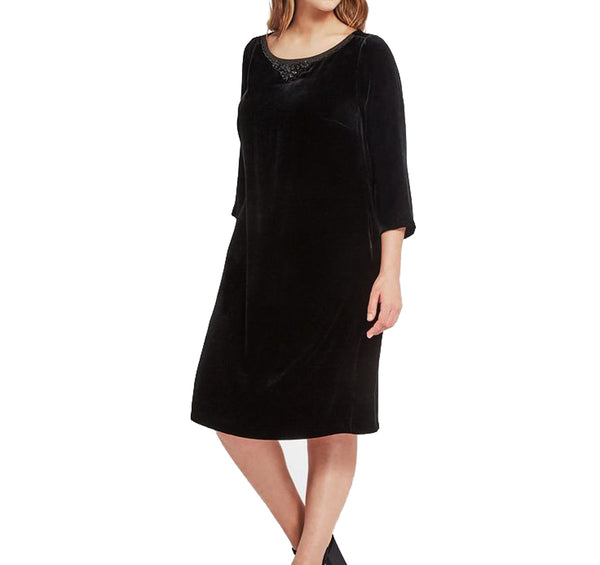 MARINA RINALDI Women's Black Dicembre Embellished Velour Dress $690 NWT
