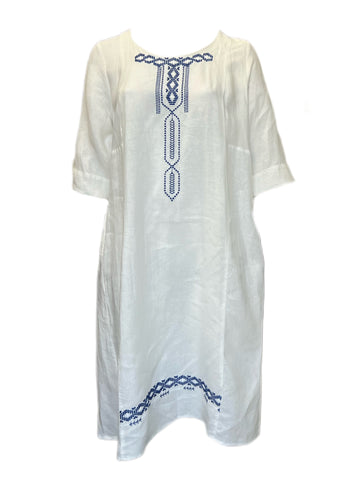 Marina Rinaldi Women's Bianco Didone Embroidered Flax Dress NWT