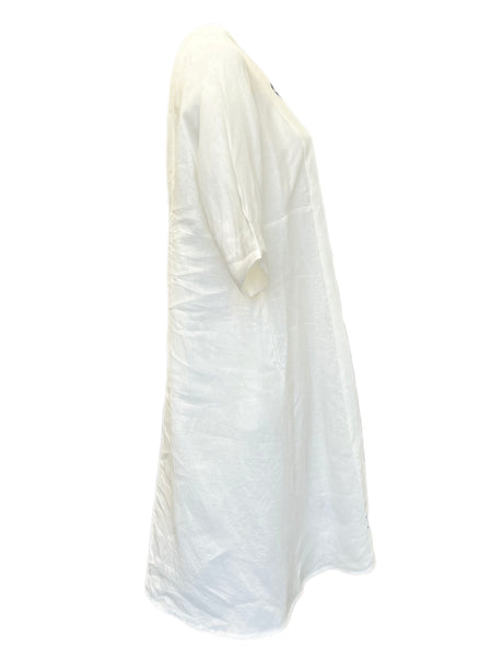Marina Rinaldi Women's Bianco Didone Embroidered Flax Dress NWT