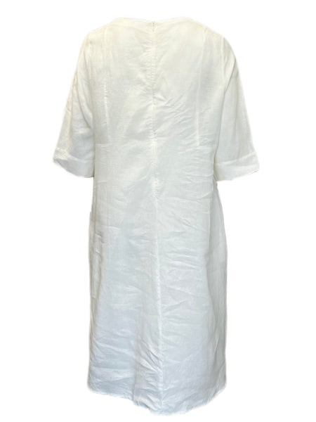 Marina Rinaldi Women's Bianco Didone Embroidered Flax Dress NWT