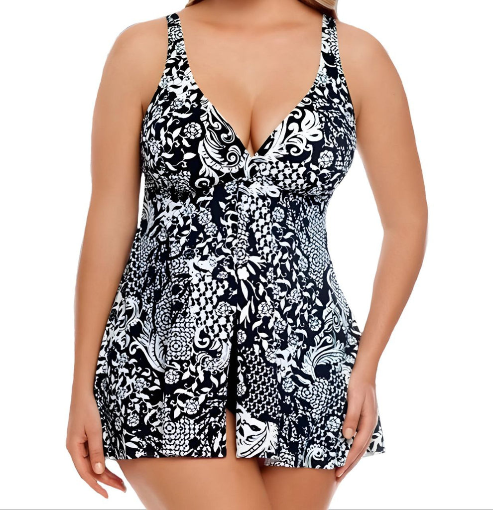 SHAPE SOLVER Women's Black Mix It Up Flyway One Piece Swim Dress #16687 24 NWT