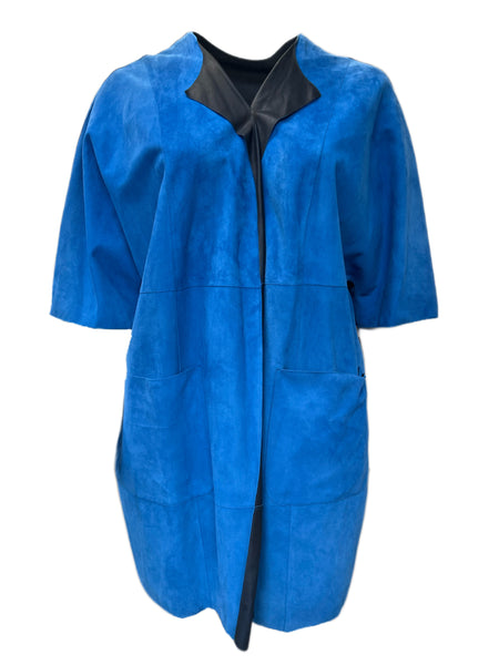 Marina Rinaldi Women's Blue Edison Open Front Leather Jacket NWT