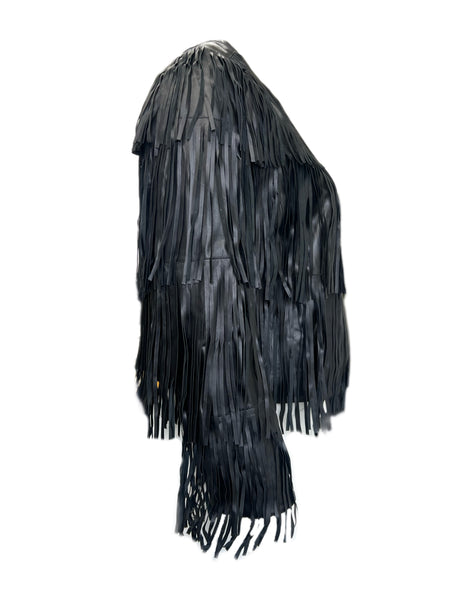 Marina Rinaldi Women's Black Egadi Fringe Leather Jacket NWT