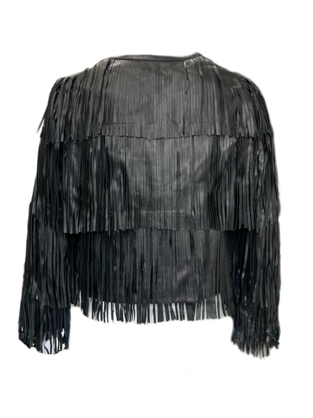 Marina Rinaldi Women's Black Egadi Fringe Leather Jacket NWT