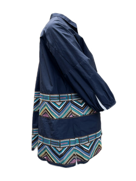 Marina Rinaldi Women's Navy Farsetto Embroidered Button Down Shirt NWT