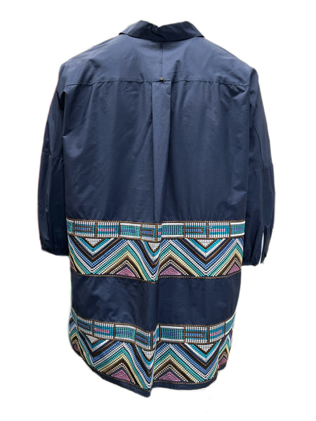 Marina Rinaldi Women's Navy Farsetto Embroidered Button Down Shirt NWT