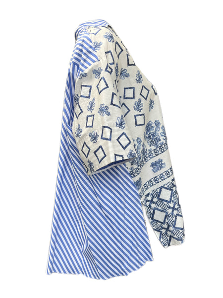 Marina Rinaldi Women's Blue Fellini Striped Cotton Button Down Shirt