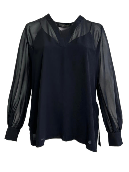 Marina Rinaldi Women's Black Fiabesco Long Sleeve Sheer Blouse NWT