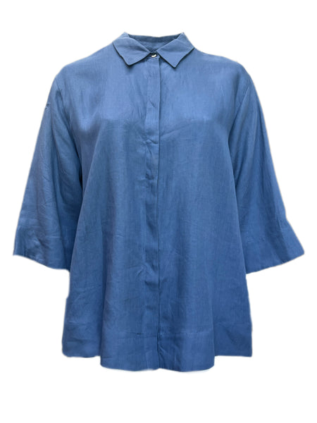 Marina Rinaldi Women's Blue Filomena Button Down Flax Shirt NWT