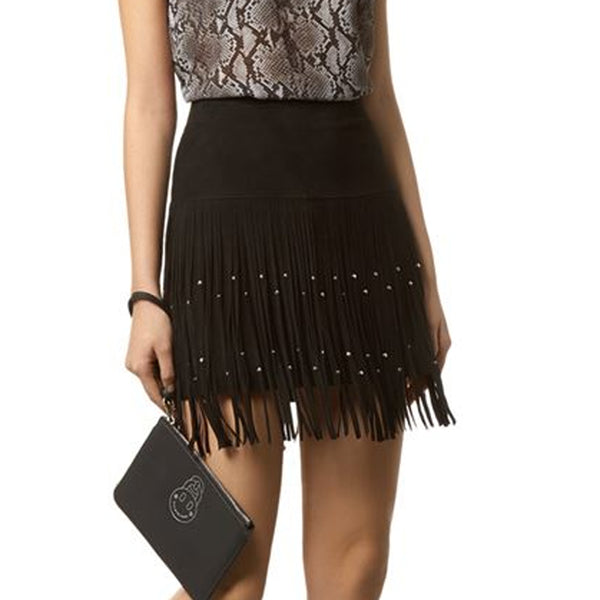 REBECCA MINKOFF Women's Black Suede Fringe Mini Flight Skirt $498 NWT