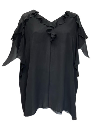 Marina Rinaldi Women's Black Flora Ruffle Front Blouse NWT
