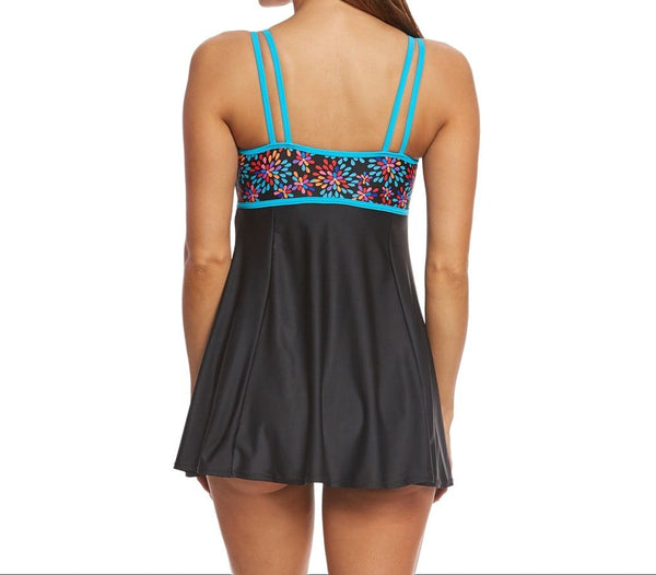 WATERPRO Women's Black Floral Burst A-Line Swim Dress #22609 18 NWT