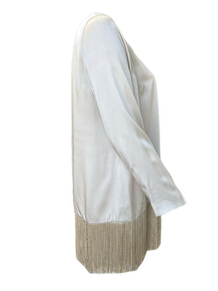 Marina Rinaldi Women's Ivory Flute Long Sleeve Frine Hem Blouse NWT