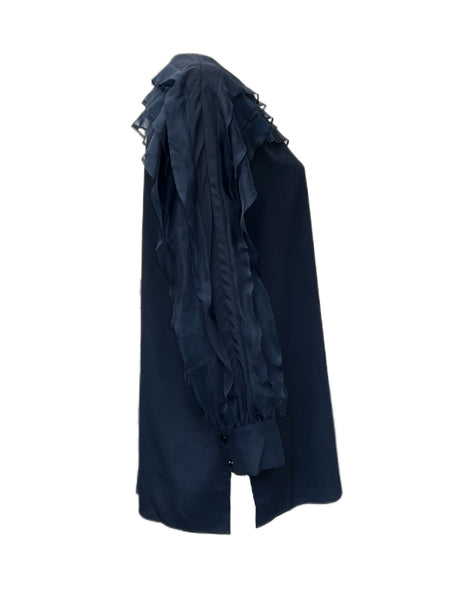 Marina Rinaldi Women's Navy Focus Ruffle Front Blouse NWT