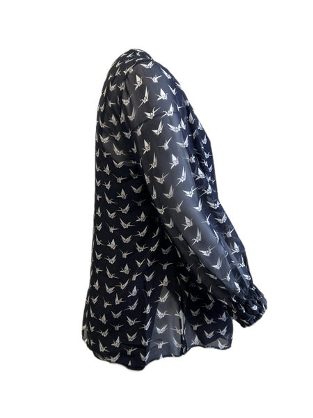 Marina Rinaldi Women's Navy Foyer Printed Sheer Silk Blouse NWT