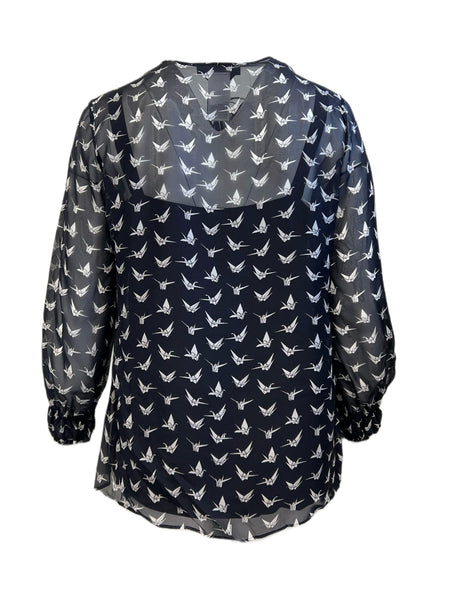 Marina Rinaldi Women's Navy Foyer Printed Sheer Silk Blouse NWT