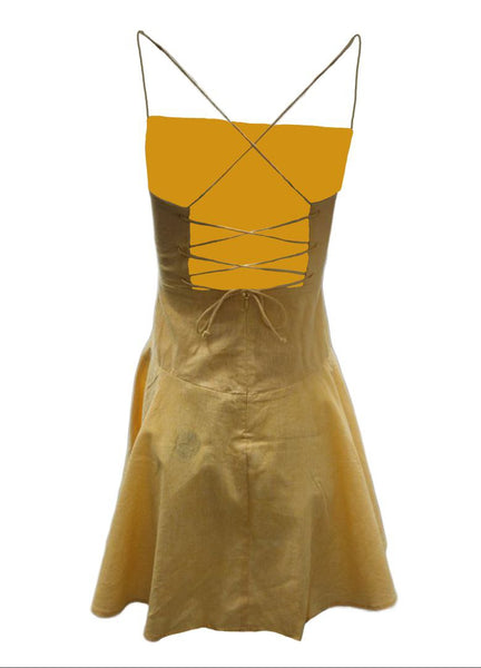 HoodLamb Women's Yellow Fitted Back Strap Hemp Mini Dress 420 NWT