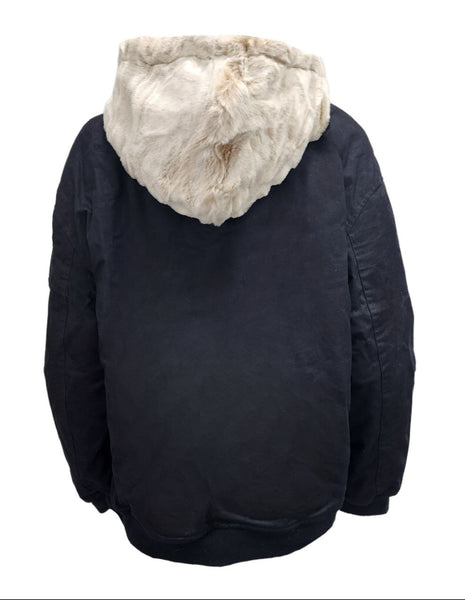 HoodLamb Women's Black Fur Lined Hemp Organic Cotton Bomber 420 NWT