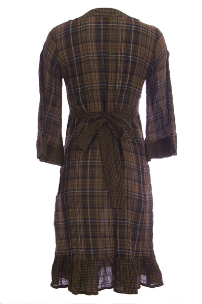 OLIAN Maternity Womens Glen Plaid Loose 3/4 Sleeve Volan Hem Dress X-Small Brown