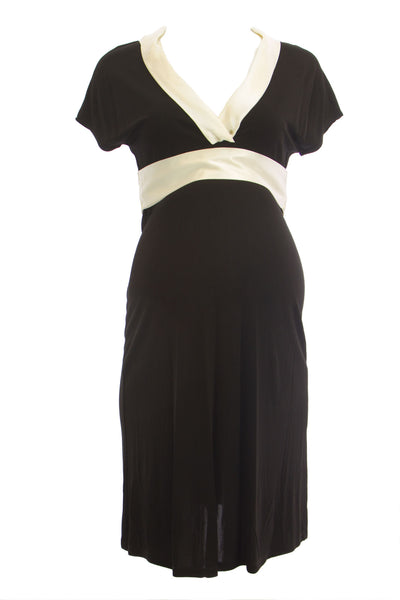 OLIAN Maternity Women's Black Contrast Collar & Belt Short Sleeve Dress $148 NWT