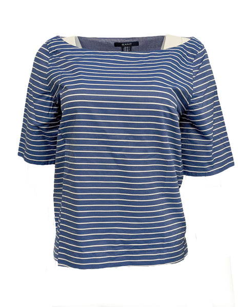 GANT Women's Indigo Blue Striped Boatneck Top 431797 NWT