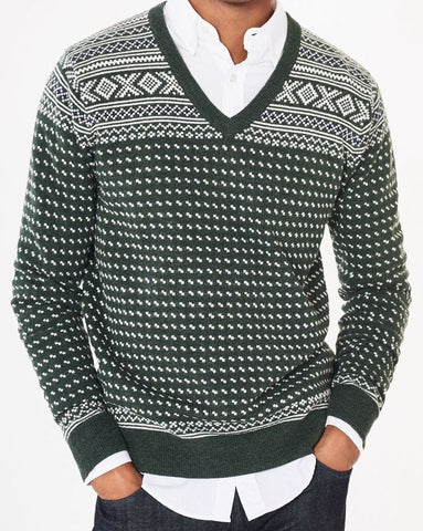 Gant Men's O3 Chistmas Fairisle V-Neck Sweater, Medium, Moss Green