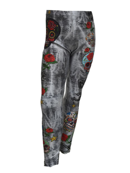 TEREZ Girl's Grey Acid Wash Skull Patches Leggings #4011039 NWT