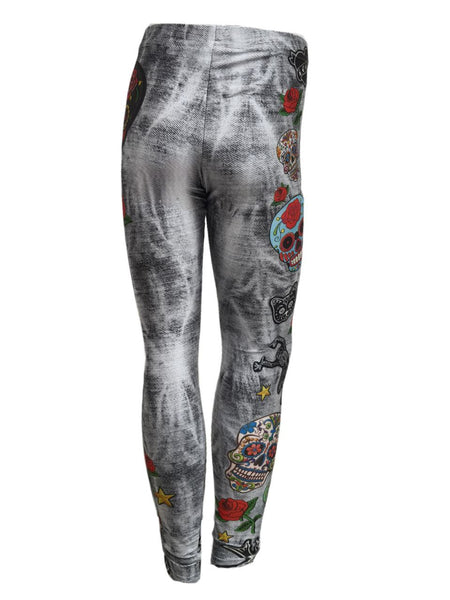 TEREZ Girl's Grey Acid Wash Skull Patches Leggings #4011039 NWT
