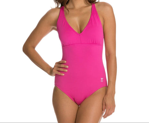 TYR Women's Pink Halter Twist V-Neck One Piece Swimsuit #TMTX7A 14 NWT