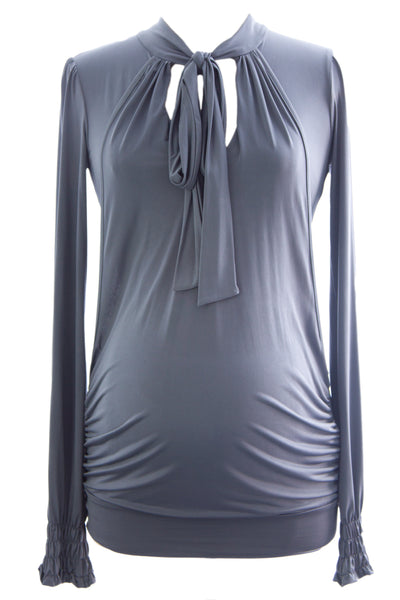 OLIAN Maternity Women's Smoke Grey Tie Neck Long Smoked Sleeve Tunic XS $128 NWT
