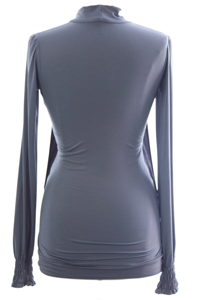 OLIAN Maternity Women's Smoke Grey Tie Neck Long Smoked Sleeve Tunic XS $128 NWT