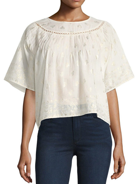LOVESHACKFANCY Women's Cream/Gold Isabella Foil Print Top $255 NWT