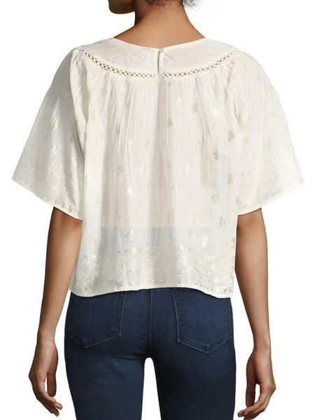 LOVESHACKFANCY Women's Cream/Gold Isabella Foil Print Top $255 NWT