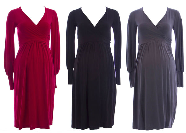 OLIAN Maternity Women's Long Blouson Sleeve True Wrap Dress $165 NEW
