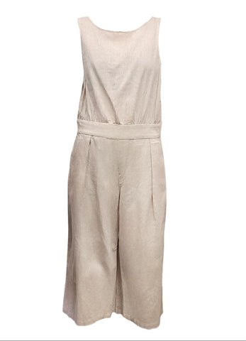 HoodLamb Women's Khaki Sleeveless Deep V Back Hemp Jumpsuit NWT