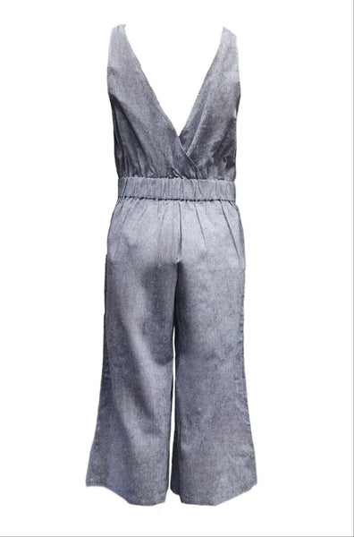 HoodLamb Women's Navy Sleeveless Deep V Back Hemp Jumpsuit NWT