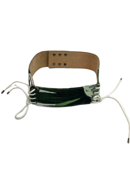 Max Mara Women's Green Marsala Jungle Print Lace Up Front Wide Belt Size S