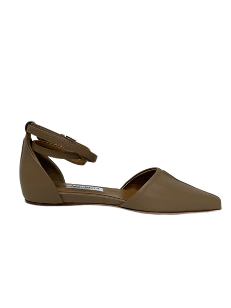 Max Mara Women's Tobacco Kayla Ankle Strap Leather Flats Size 6 NWT