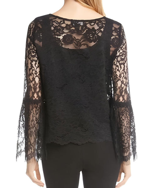 KAREN KANE Women's Black Colorblock Bell Sleeve Border Lace Top #575 NWT