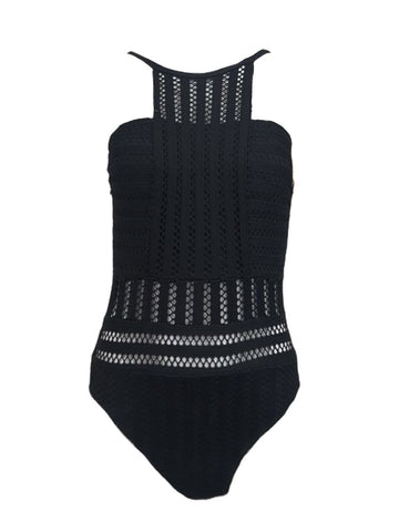 KENNETH COLE Women's Black Lace Round Neck One Piece Swimsuit #C08 Small NWT