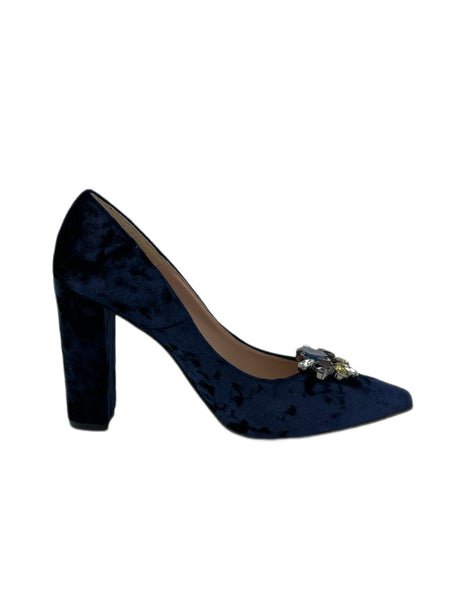 Marina Rinaldi Women's Navy Lavinia Removable Brooch Velour Pumps Size 10 NWB