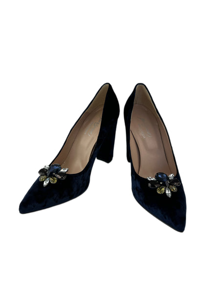 Marina Rinaldi Women's Navy Lavinia Removable Brooch Velour Pumps Size 10 NWB