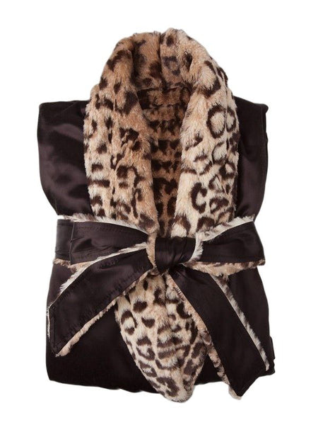 LITTLE GIRAFFE Women's Brown Leopard Faux Fur Luxe Satin Robe Size 0 NWT