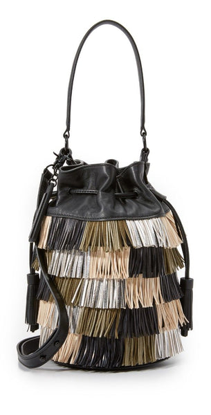 LOEFFLER RANDALL Multi Colored Industry Leather Fringe Bucket Bag $450 NWT