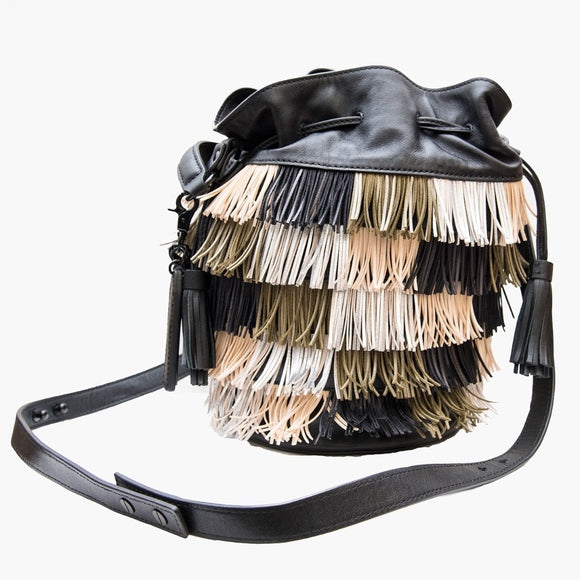 LOEFFLER RANDALL Multi Colored Industry Leather Fringe Bucket Bag $450 NWT