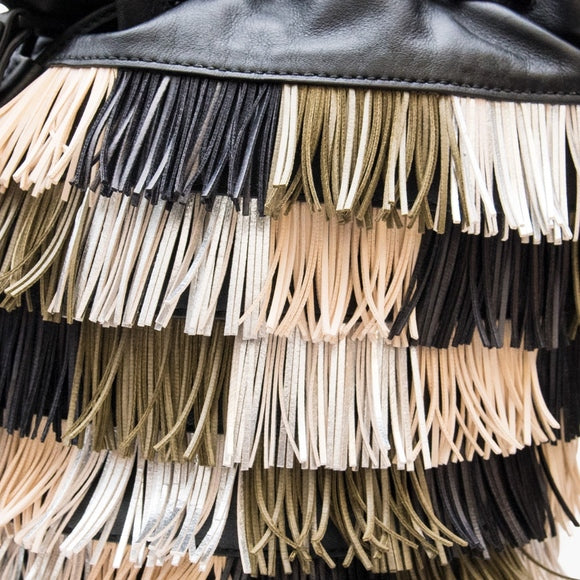 LOEFFLER RANDALL Multi Colored Industry Leather Fringe Bucket Bag $450 NWT