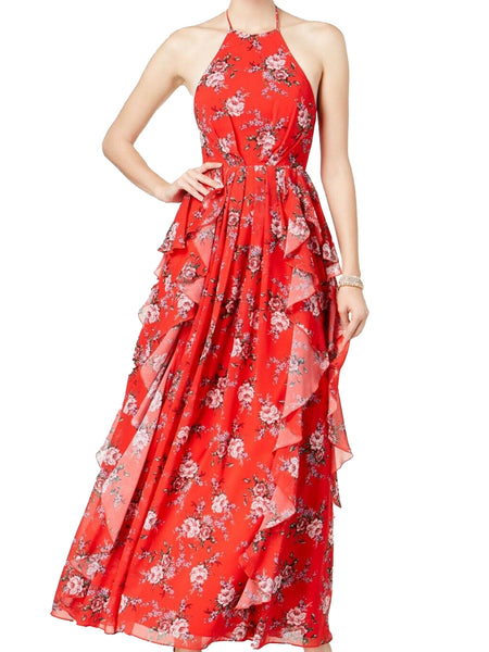 FAME AND PARTNERS Women's Red Emma Floral Print Halter Maxi Dress $299 NWT