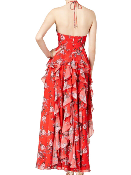 FAME AND PARTNERS Women's Red Emma Floral Print Halter Maxi Dress $299 NWT